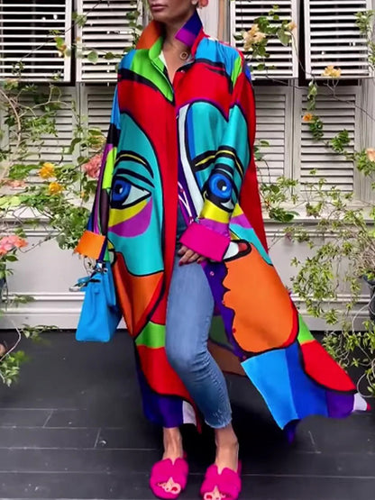 Irregular Clipping Loose Abstract Printed Multi-colored Lapel Maxi Dresses Shirt Dress