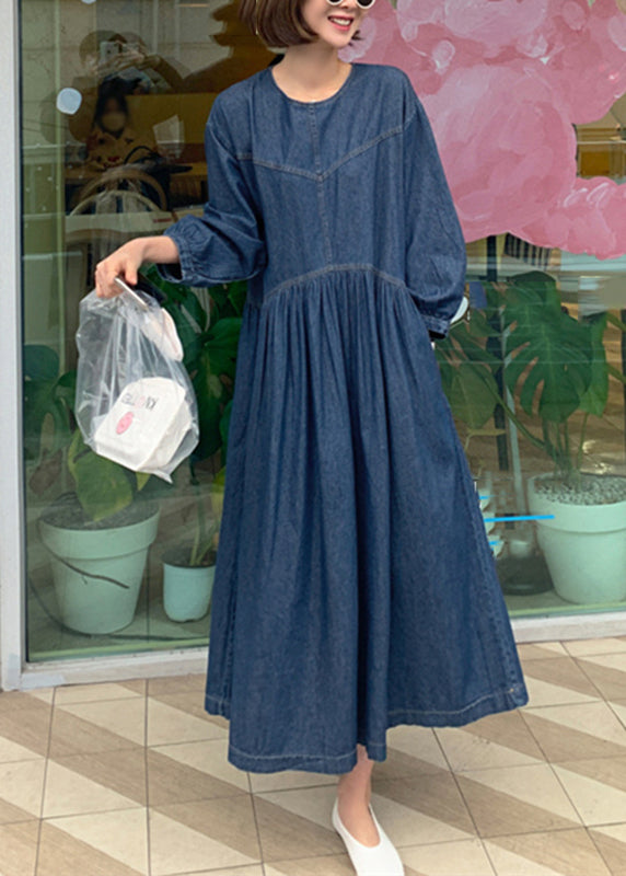 Denim Blue O-neck Wrinkled Patchwork Long Dress Spring Tt1049
