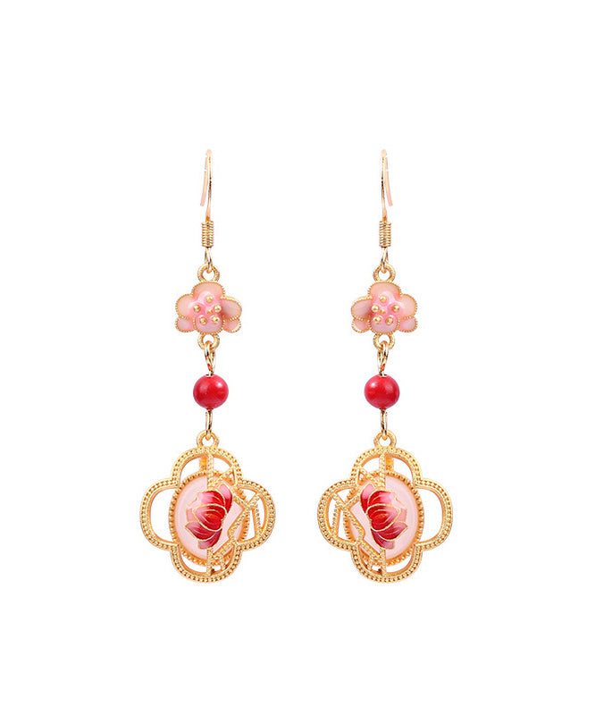 Unique Pink Copper Overgild Jade Enamel Lotus Drop Earrings