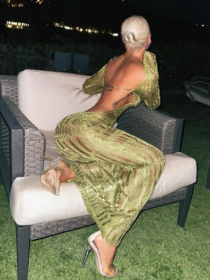 See Through Backless Dress for Summer Hollow Out Kintted Maxi Dresses Femme Club Vestido Woman