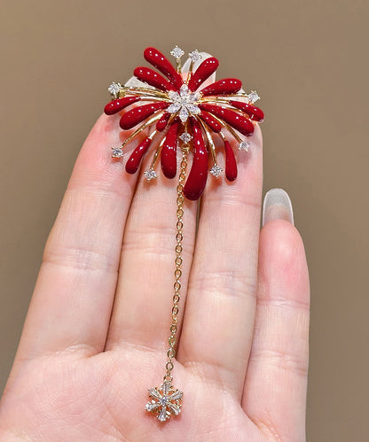 New Year Red Copper Overgild Zircon Fireworks Tassel Hairpin