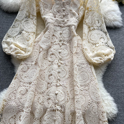 Classy Apricot V-neck Hollow Out Lace Buttoned Long Puff Sleeve Maxi Dress