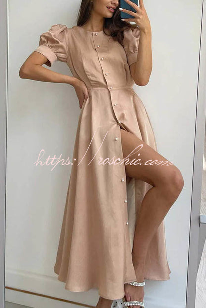 And Classy Vibe Puff Sleeve Pearl Button Slit Midi Dress