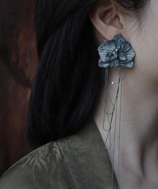 Silk Alloy Moth Orchid Tassel Drop Earrings