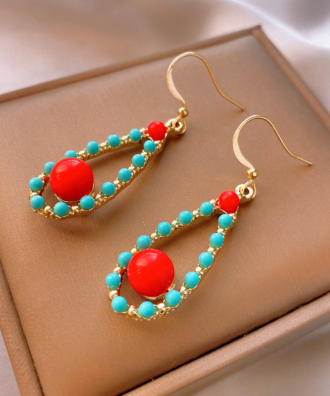 Colorblock Sterling Silver Overgild Inlaid Turquoise Agate Water Drop Drop Earrings