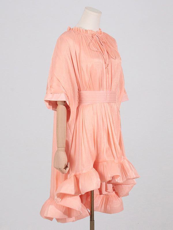 High-low Loose Pleated Split-joint Stand Collar Mini Dresses