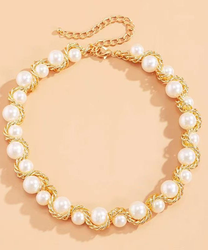 Gold Copper Alloy Pearl Gratuated Bead Necklace