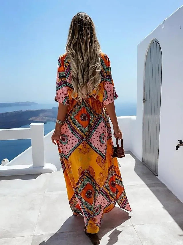 Summer Printed Long Dresses V-neck Beach Vacation Style High Waist Leace-up Slit Dress Female Vestidos