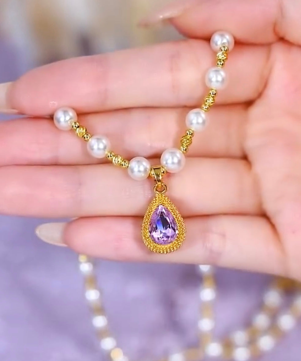 Purple Sterling Silver Overgild Pearl Water Drop Pendant Necklace