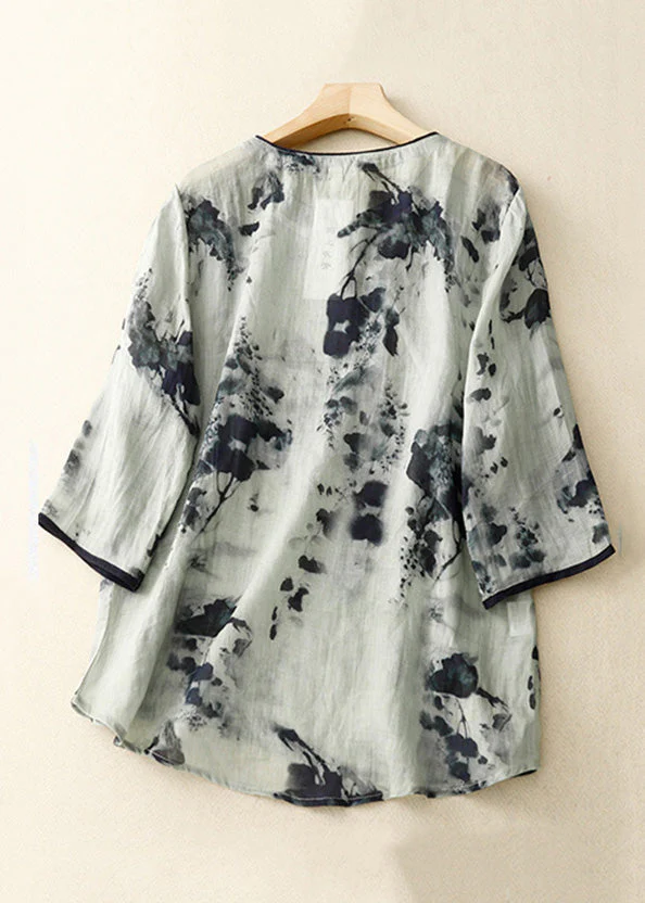 Grey Button Grace Cotton Blouses O Neck Bracelet Sleeve Qr026