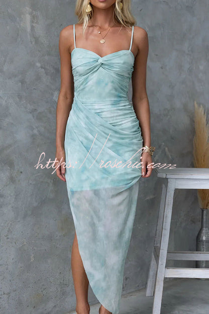Saloni Mesh Print Twist Ruched Detail Irregular Hem Stretch Maxi Dress