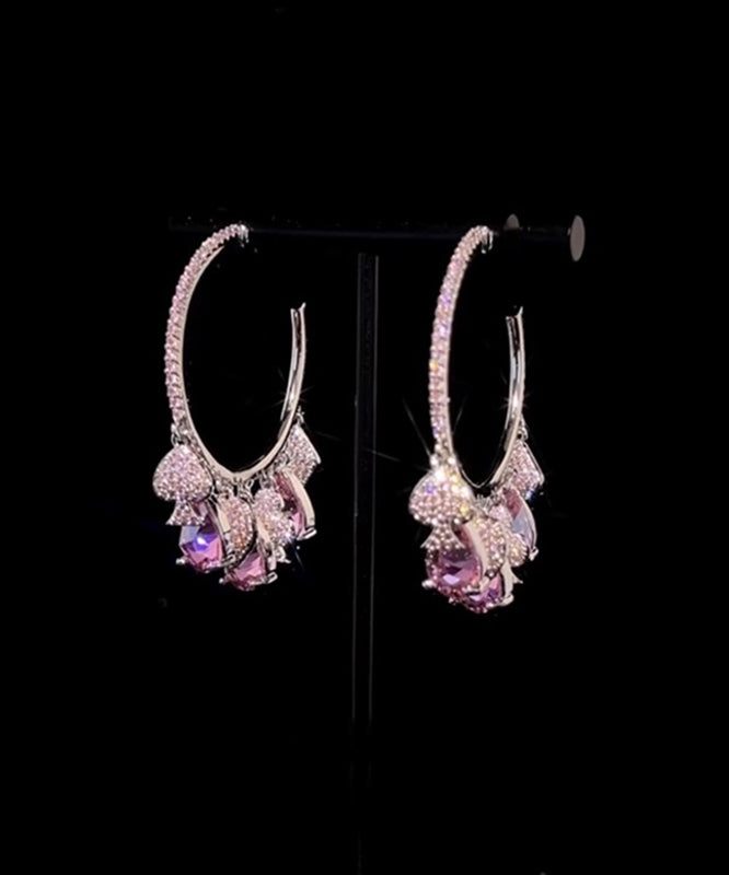 Pink Copper Overgild Zircon Tassel Hoop Earrings