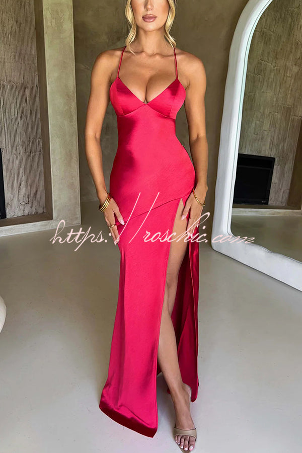 Satin Color Backless Lace Up High Slit Maxi Dress