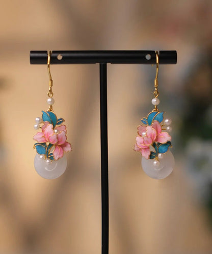 Pink Sterling Silver Overgild Enamel Ping Buckle Pearl Drop Earrings