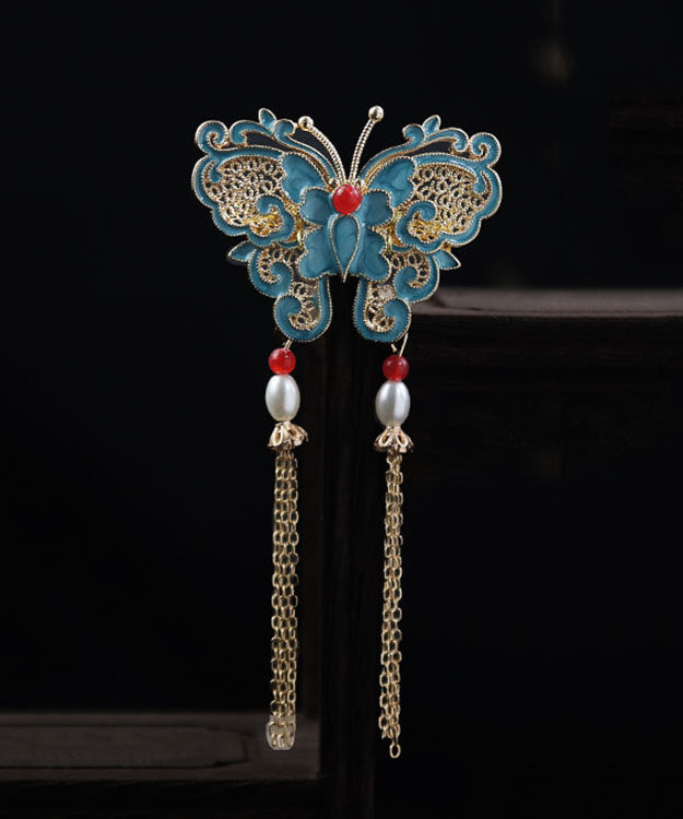 Blue Copper Overgild Pearl Butterfly Tassel Brooches