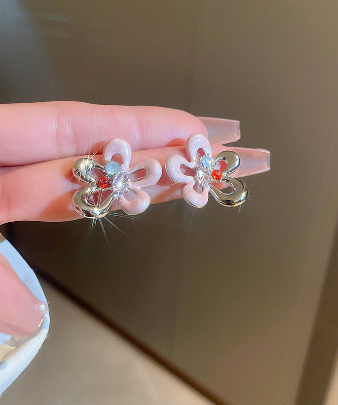 Colorblock Alloy Zircon Drip Glaze Hollow Out Stud Earrings