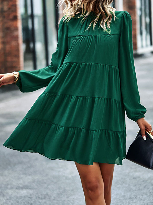 A-line Bishop Sleeve Elasticity Pleated Color Split-joint Tied Mock Neck Mini Dresses