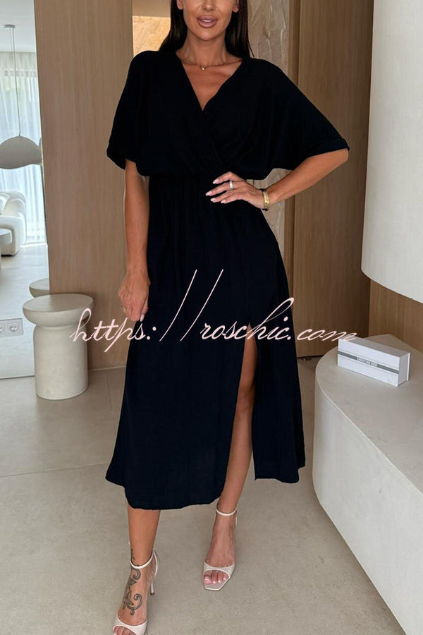 Linen Blend Color V-neck Short Sleeve Waist Loose Slit Midi Dress