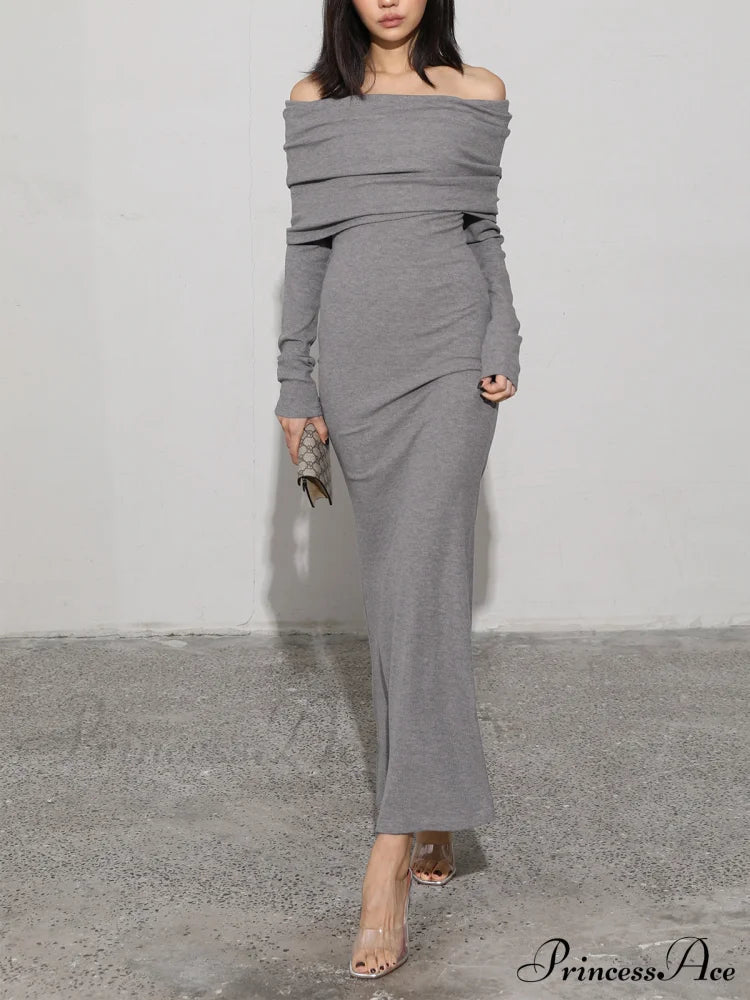 Charcoal Off Shoulder Overfold Modern Long Sleeve Long Dress