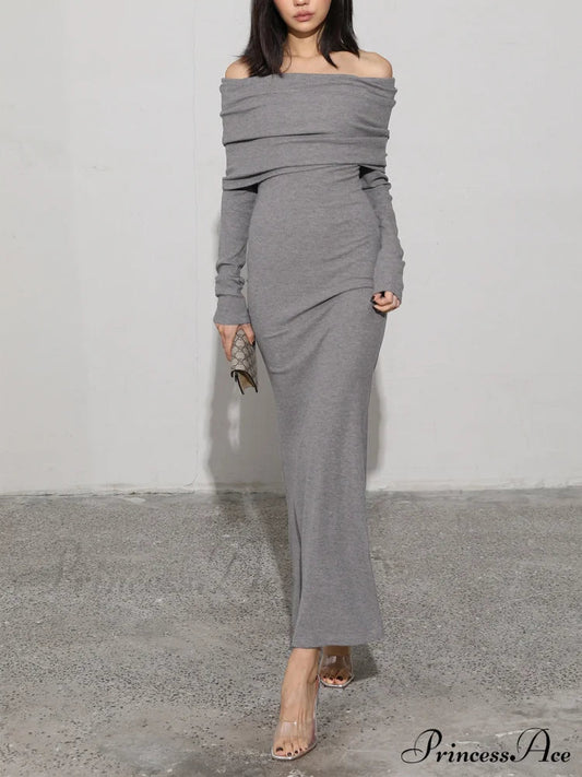 Charcoal Off Shoulder Overfold Modern Long Sleeve Long Dress