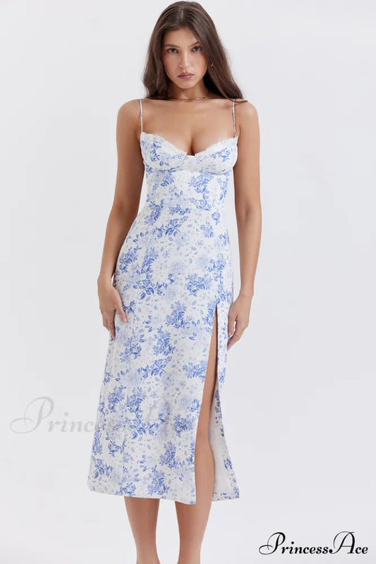 Charlotte Blue Print Charming Corset Midi Dress
