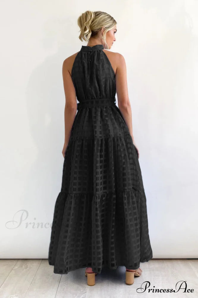 Check Halter Neck Charming Tie Waist Maxi Dress