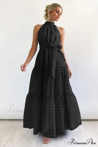 Check Halter Neck Charming Tie Waist Maxi Dress