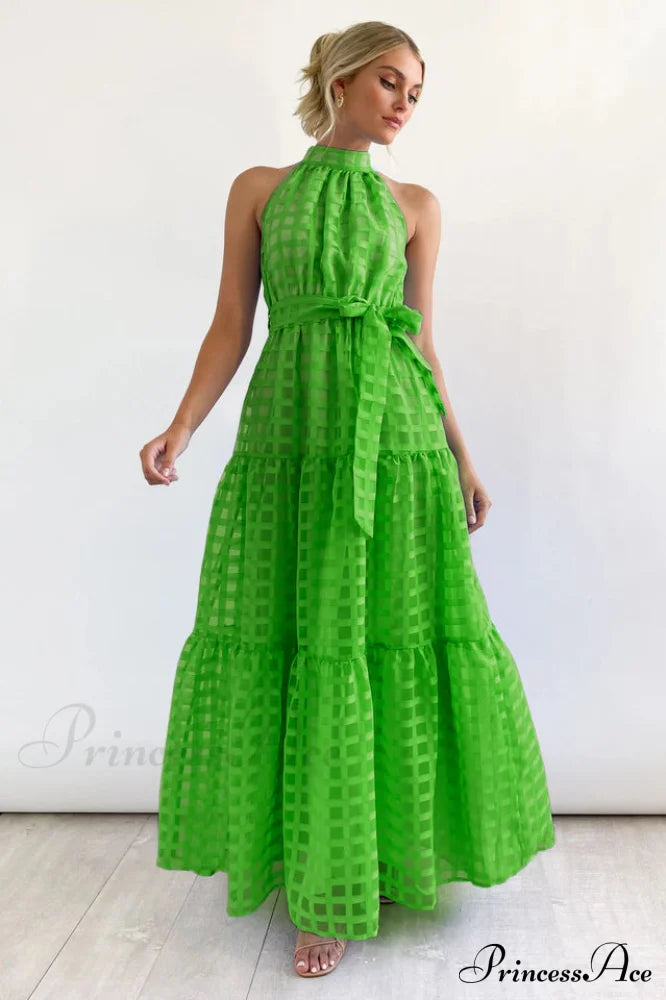 Check Halter Neck Charming Tie Waist Maxi Dress
