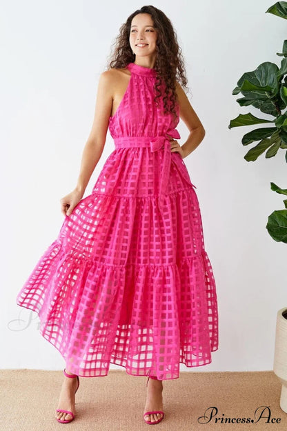 Check Halter Neck Charming Tie Waist Maxi Dress