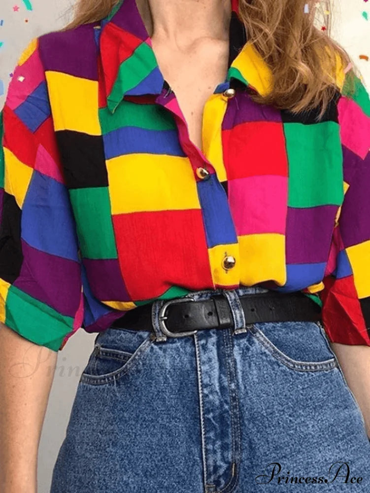 Checkered Long Sleeve Button Blouse