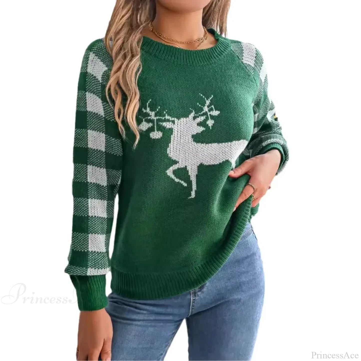 Checkered Deer Long Sleeve Hoodie Red Green Knitted Pullover New Year Christmas Sweater
