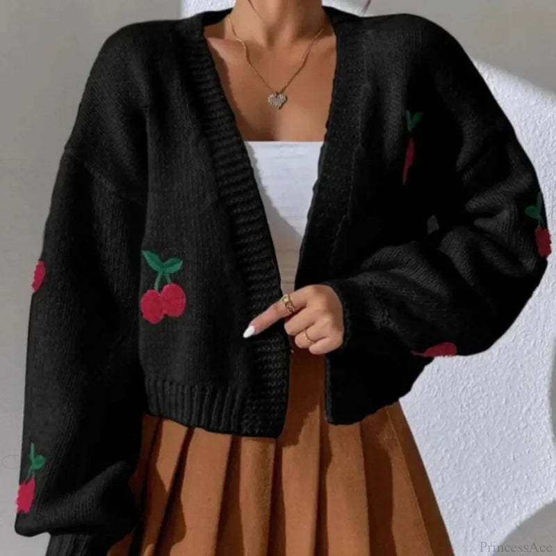 Cherry Embroidery Loose Long Sleeve Knit Cardigan