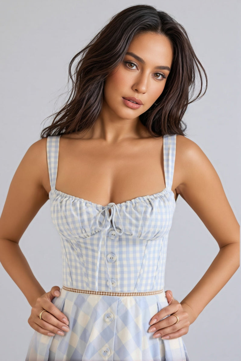 Azurt Blue Gingham Stretch Cotton Midi Dress Set