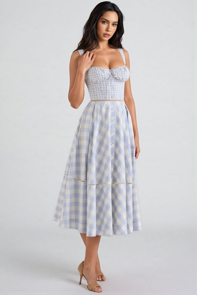 Azurt Blue Gingham Stretch Cotton Midi Dress Set