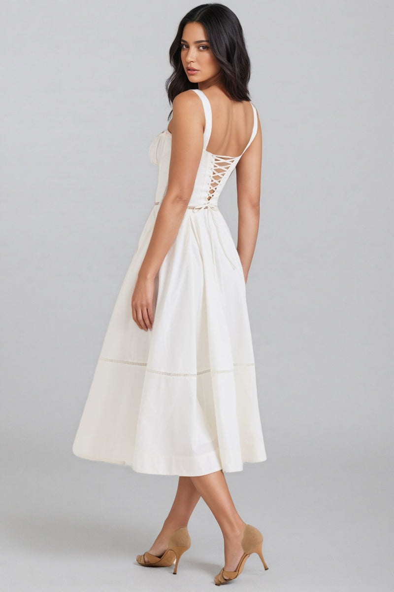 Kaelt White Cotton Button Front Midi Dress