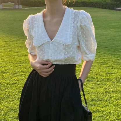 Hollow Lace Puff Sleeve Peter Pan Collar Blouse