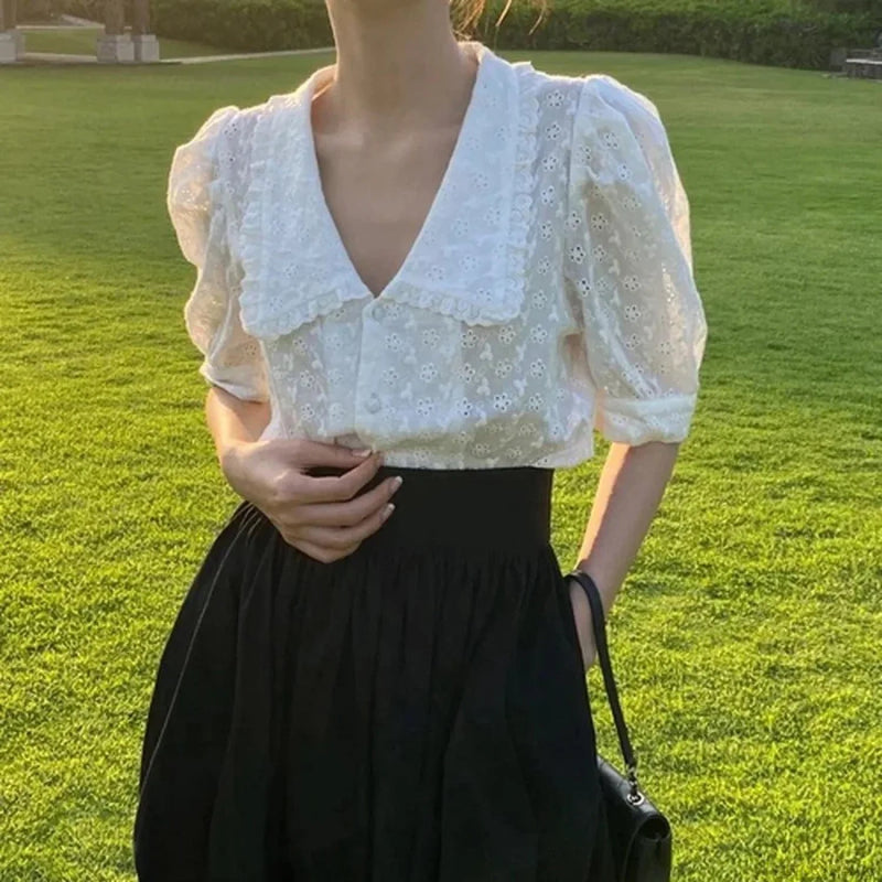 Hollow Lace Puff Sleeve Peter Pan Collar Blouse