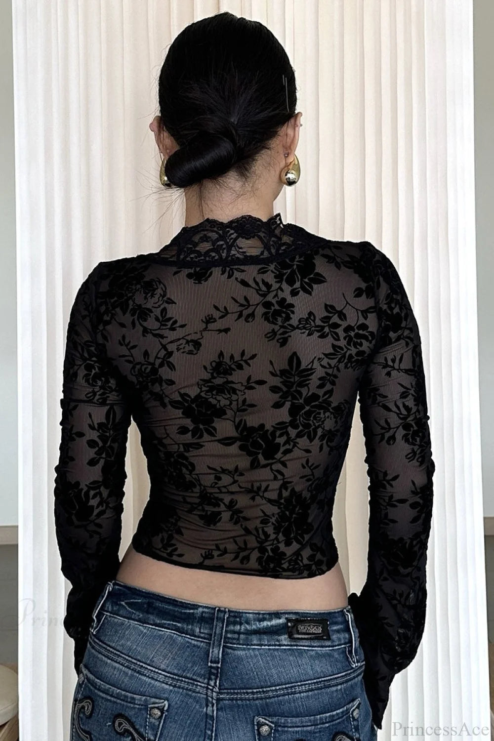Leopard Print Mesh Lace Trim Blouse
