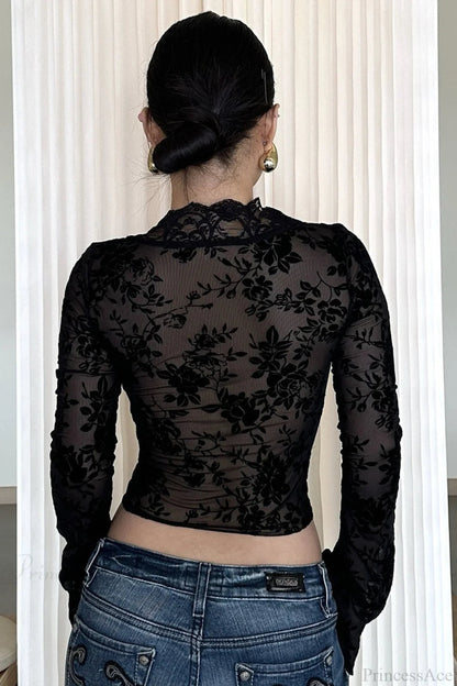 Leopard Print Mesh Lace Trim Blouse