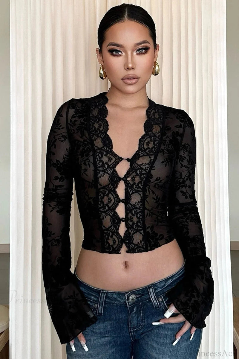 Leopard Print Mesh Lace Trim Blouse