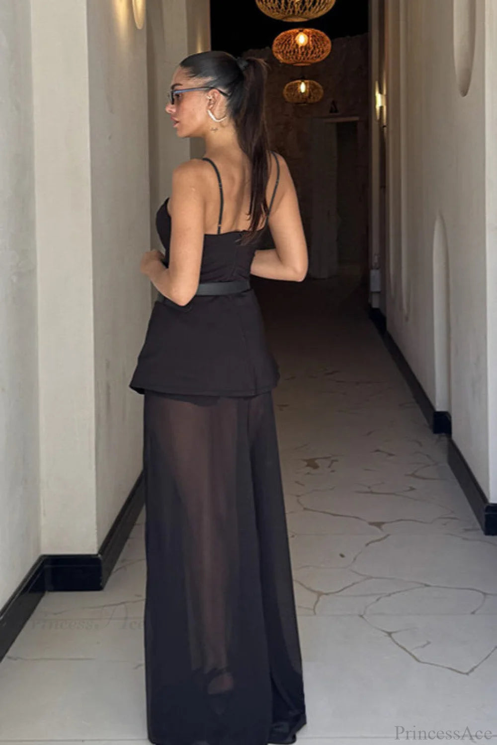 Mesh Cami Panel Slim Maxi Dress