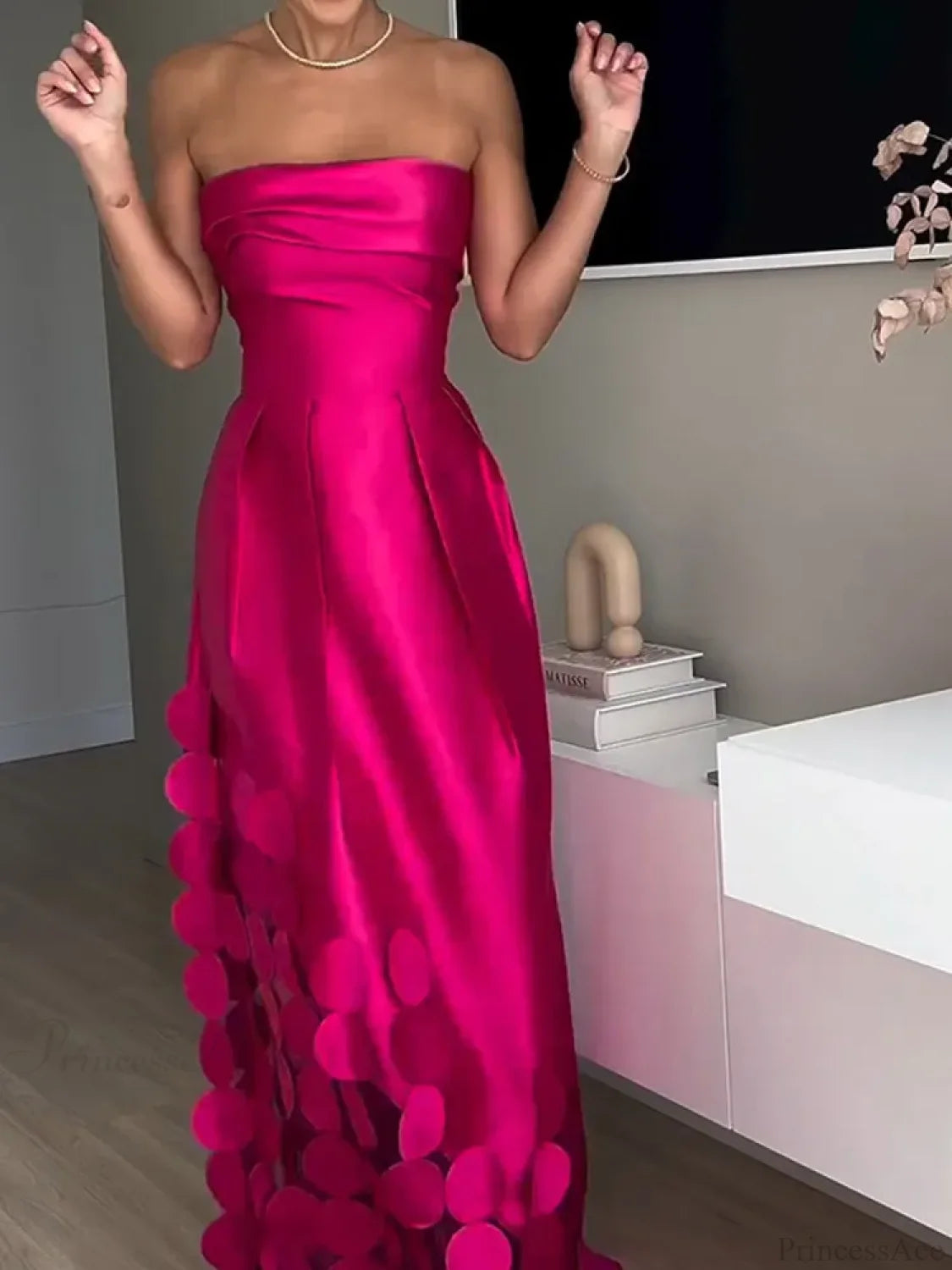 Rose Red Sleeveless Satin Maxi Dress Backless Pleated Party Dress