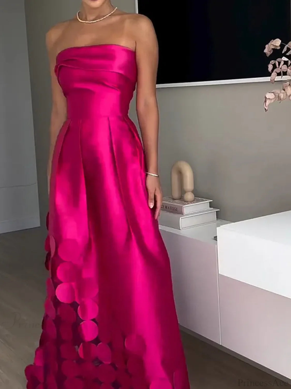 Rose Red Sleeveless Satin Maxi Dress Backless Pleated Party Dress