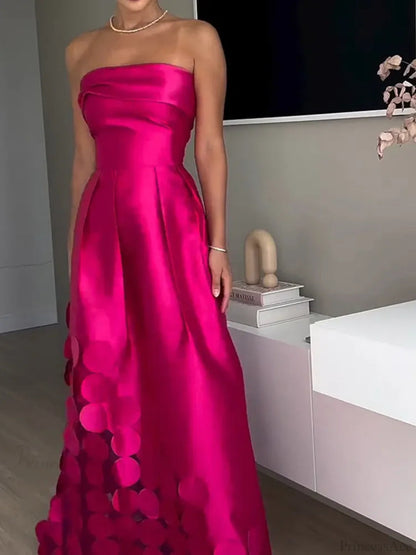 Rose Red Sleeveless Satin Maxi Dress Backless Pleated Party Dress