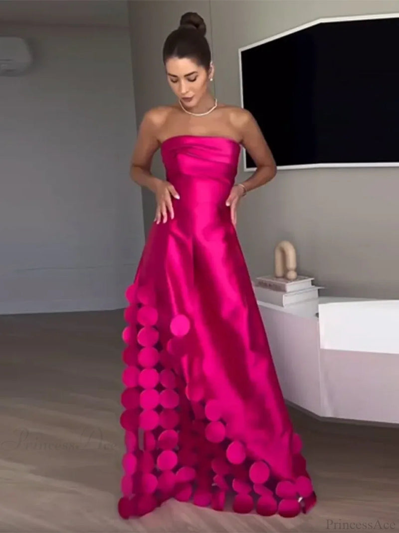 Rose Red Sleeveless Satin Maxi Dress Backless Pleated Party Dress