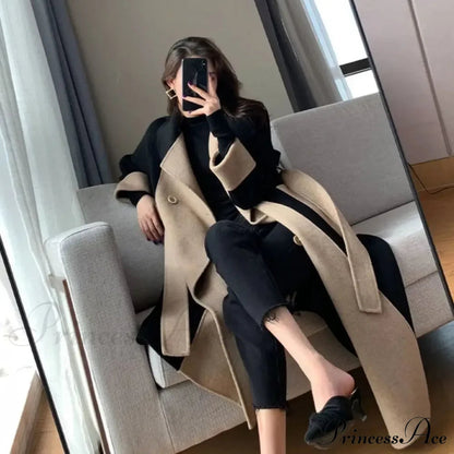 Woolen Patchwork Double-breasted Anti-wrinkle Lapel Winter High Sense Stylish Coat