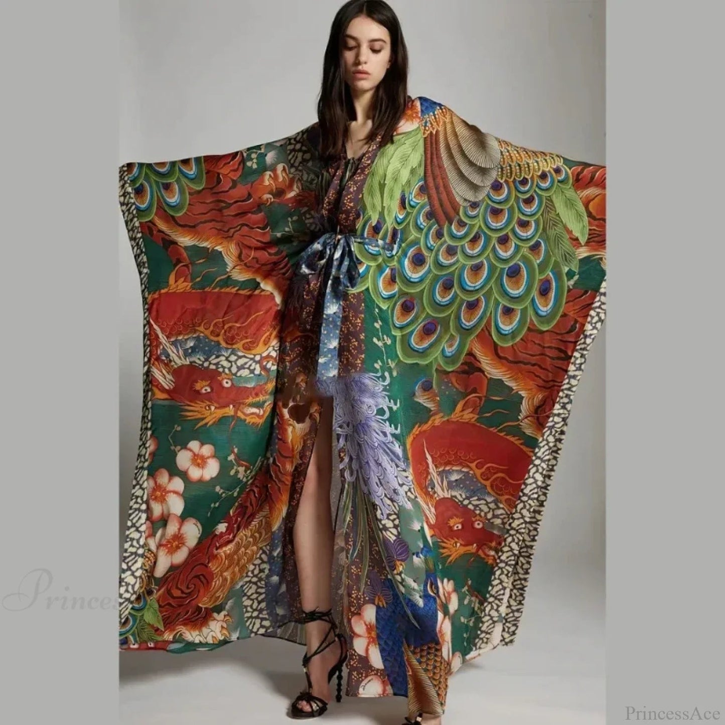 Chiffon Peacock Pattern Long Cardigan Cover Up