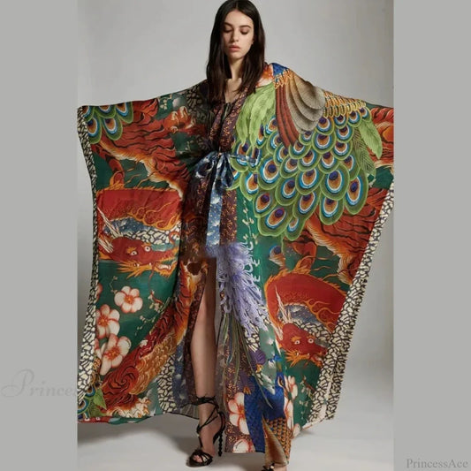 Chiffon Peacock Pattern Long Cardigan Cover Up