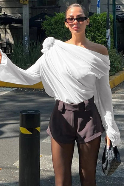 Chiffon Off-the-shoulder Fitted Blouse
