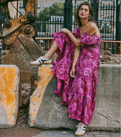 Chiffon Maxi Dress Print Puff Sleeve